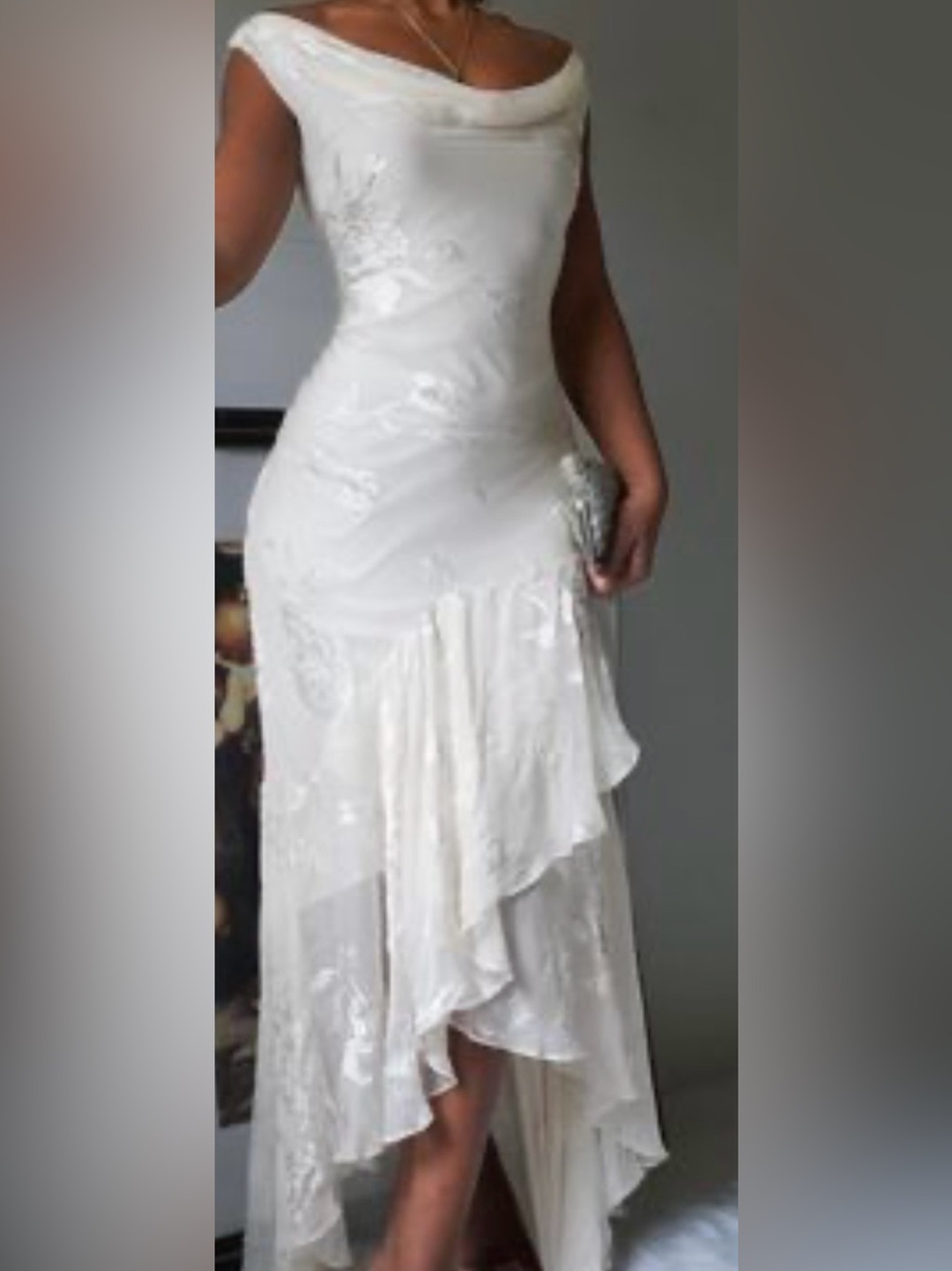 Alex Evenings Off-Shoulder White High-Low Evening Gown size S silk